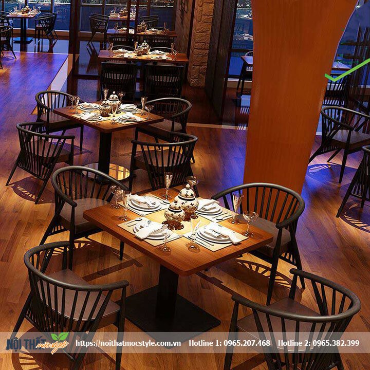 Gợi ý bài trí nhà hàng cao cấp với bàn chân trụ và ghế gỗ gỗ Genny-Nội thất Mộc Style
