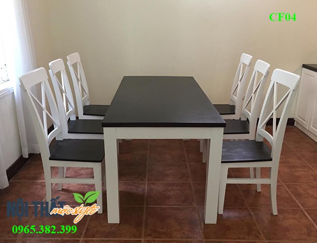 Bộ bàn 6 ghế gỗ CF04 sơn pha trắng đen nổi bật
