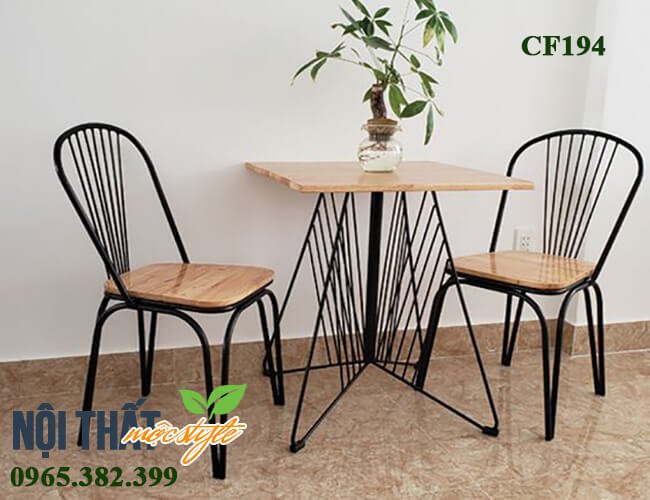 Bàn ghế cafe CF194- bàn ghế chân sắt mặt gỗ hiện đại, thanh thoát